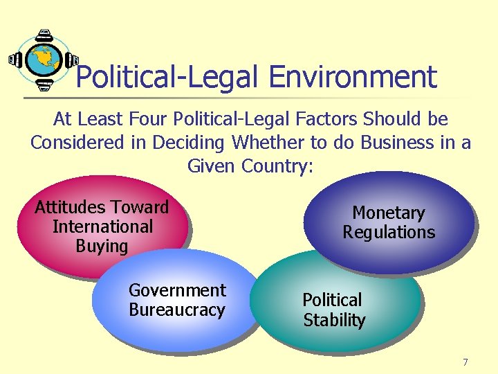 Political-Legal Environment At Least Four Political-Legal Factors Should be Considered in Deciding Whether to