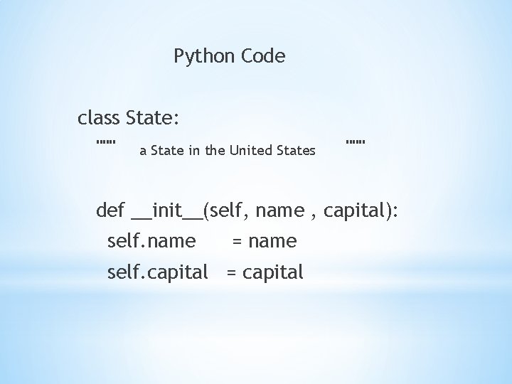 Python Code class State: """ a State in the United States """ def __init__(self,