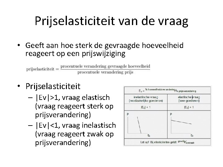 Prijselasticiteit van de vraag • Geeft aan hoe sterk de gevraagde hoeveelheid reageert op