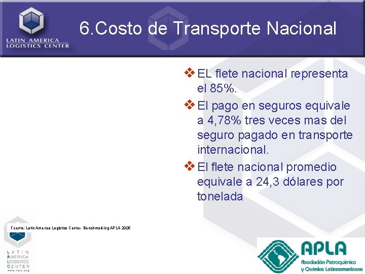 6. Costo de Transporte Nacional v EL flete nacional representa el 85%. v El