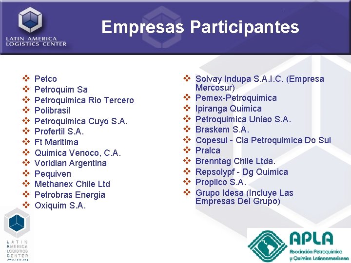 Empresas Participantes v v v v Petco Petroquim Sa Petroquimica Rio Tercero Polibrasil Petroquimica