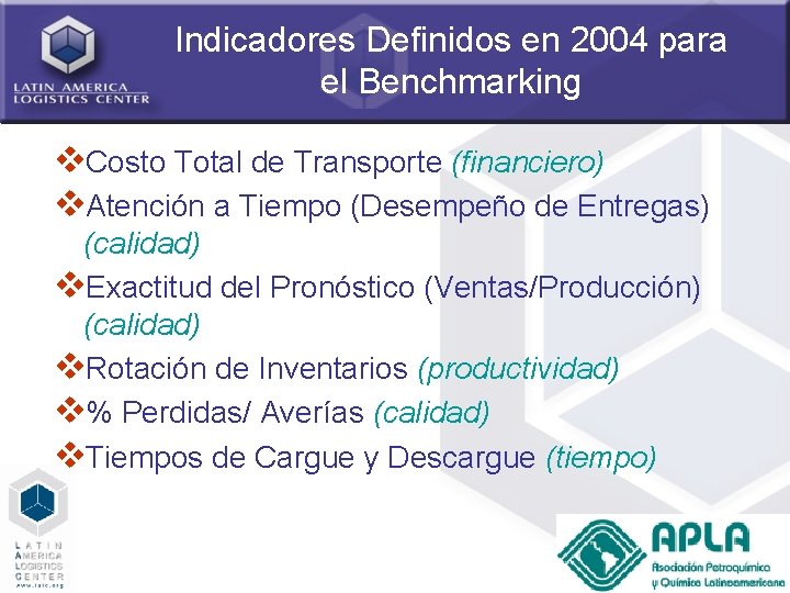 Indicadores Definidos en 2004 para el Benchmarking v. Costo Total de Transporte (financiero) v.