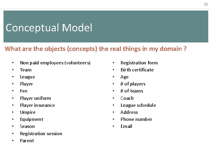 15 Conceptual Model What are the objects (concepts) the real things in my domain