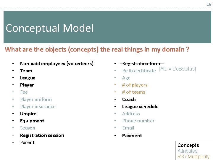 16 Conceptual Model What are the objects (concepts) the real things in my domain