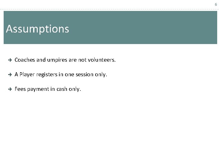 6 Assumptions Coaches and umpires are not volunteers. A Player registers in one session