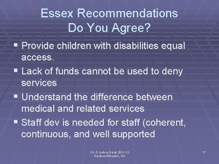 Essex Recommendations Do You Agree? § Provide children with disabilities equal access. § Lack