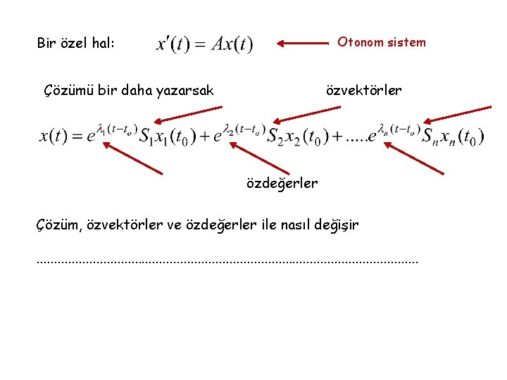 Bir özel hal: Otonom sistem Çözümü bir daha yazarsak özvektörler özdeğerler Çözüm, özvektörler ve