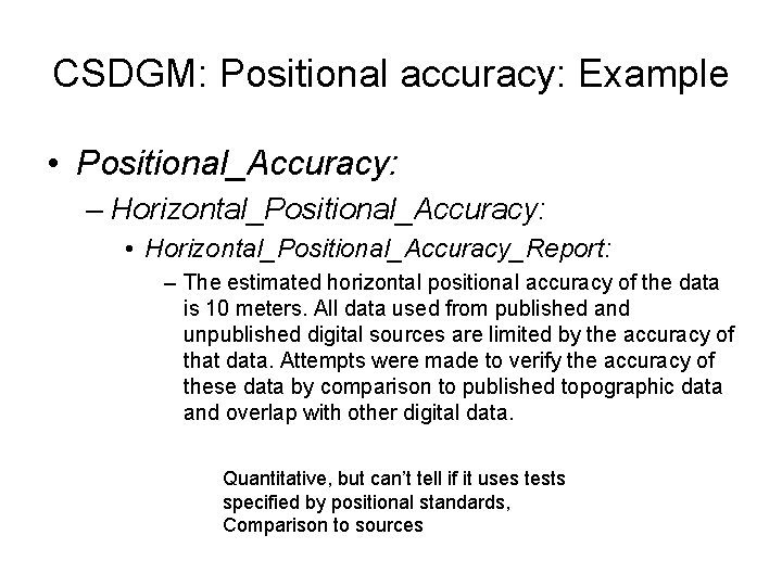 CSDGM: Positional accuracy: Example • Positional_Accuracy: – Horizontal_Positional_Accuracy: • Horizontal_Positional_Accuracy_Report: – The estimated horizontal