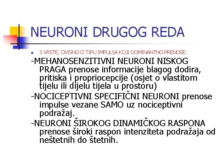 NEURONI DRUGOG REDA n 3 VRSTE, OVISNO O TIPU IMPULSA KOJI DOMINANTNO PRENOSE: -MEHANOSENZITIVNI