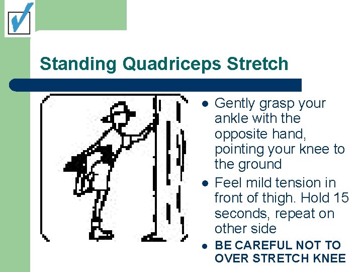 Standing Quadriceps Stretch l l l Gently grasp your ankle with the opposite hand,