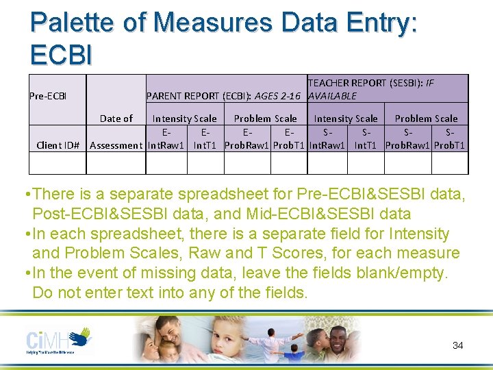 Palette of Measures Data Entry: ECBI Pre-ECBI TEACHER REPORT (SESBI): IF PARENT REPORT (ECBI): Palette of Measures Data Entry: ECBI Pre-ECBI TEACHER REPORT (SESBI): IF PARENT REPORT (ECBI):