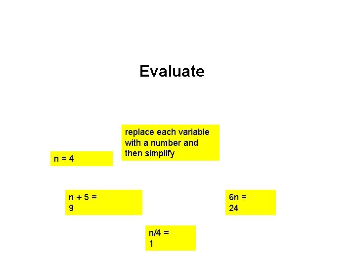 Evaluate n = 4 replace each variable with a number and then simplify n