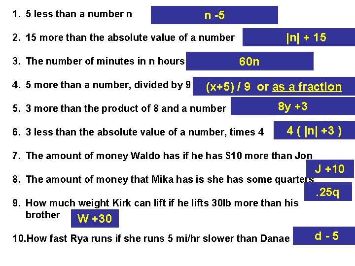 1. 5 less than a number n n -5 |n| + 15 2. 15