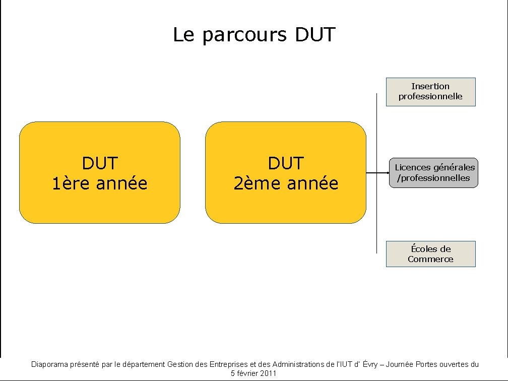 Le parcours DUT Insertion professionnelle DUT 1ère année DUT 2ème année Licences générales /professionnelles