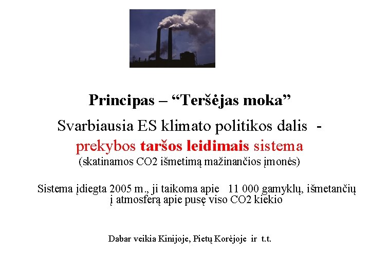 Principas – “Teršėjas moka” Svarbiausia ES klimato politikos dalis - prekybos taršos leidimais sistema