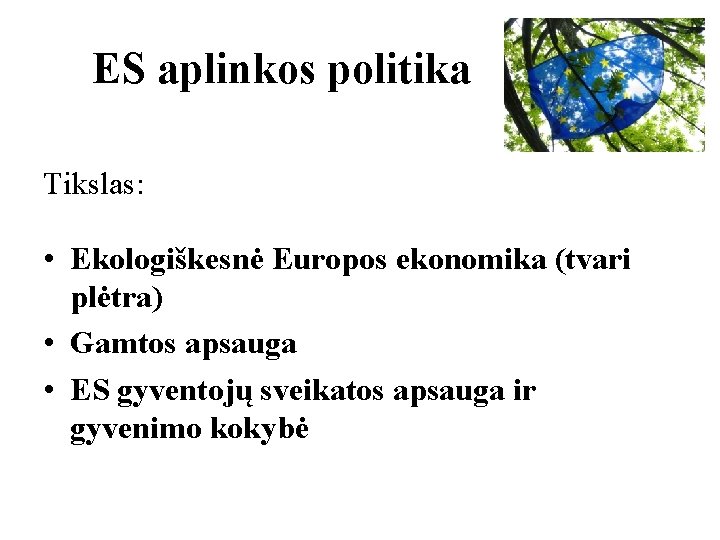 ES aplinkos politika Tikslas: • Ekologiškesnė Europos ekonomika (tvari plėtra) • Gamtos apsauga •