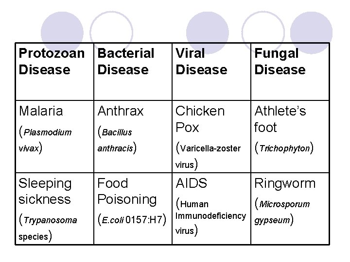 Protozoan Bacterial Disease Viral Disease Fungal Disease Malaria (Plasmodium vivax) Anthrax (Bacillus anthracis) Athlete’s
