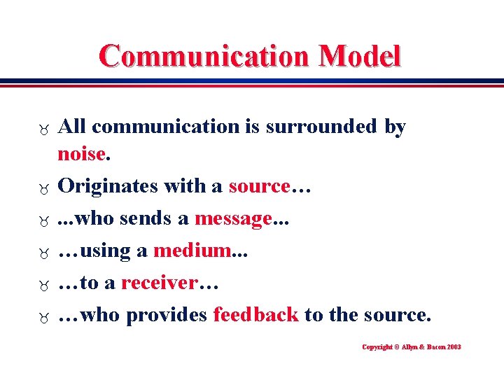 Communication Model _ _ _ All communication is surrounded by noise. Originates with a