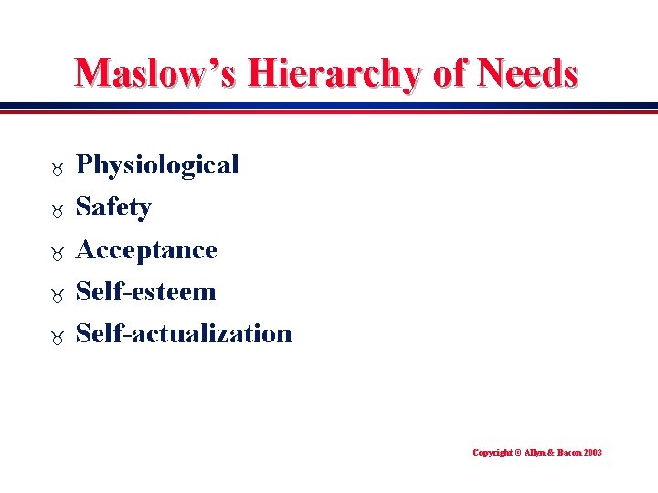 Maslow’s Hierarchy of Needs _ _ _ Physiological Safety Acceptance Self-esteem Self-actualization Copyright ©
