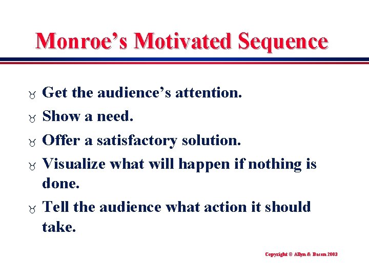Monroe’s Motivated Sequence _ _ _ Get the audience’s attention. Show a need. Offer