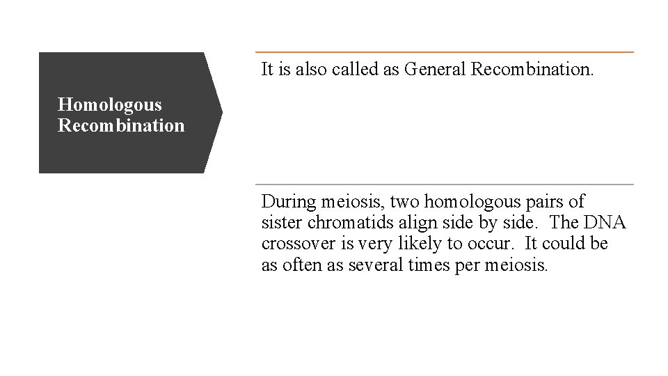 It is also called as General Recombination. Homologous Recombination During meiosis, two homologous pairs