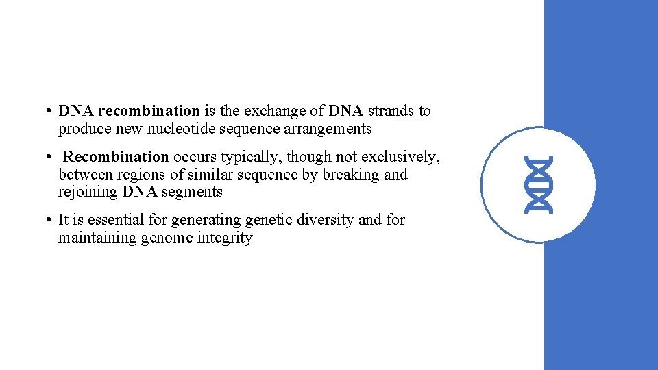  • DNA recombination is the exchange of DNA strands to produce new nucleotide