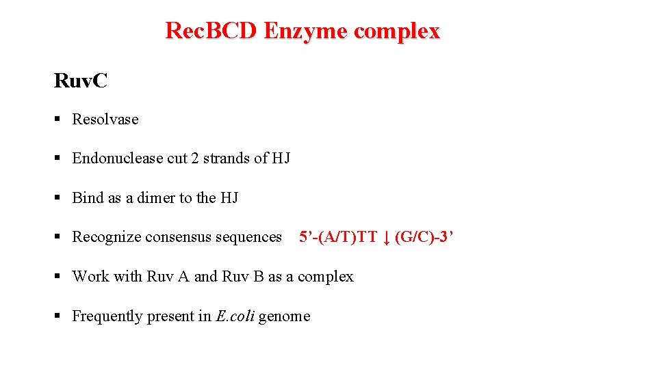Rec. BCD Enzyme complex Ruv. C § Resolvase § Endonuclease cut 2 strands of