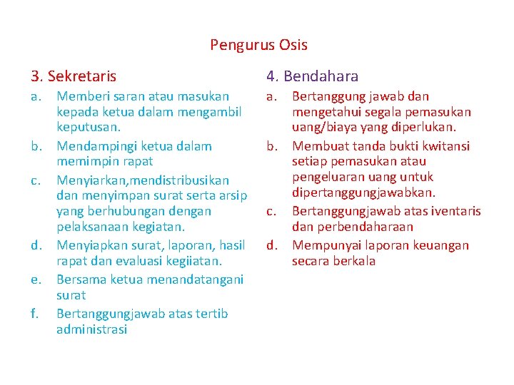 Pengurus Osis 3. Sekretaris 4. Bendahara a. b. c. d. e. f. Memberi saran