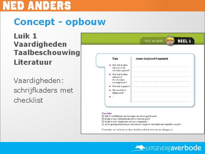 Concept - opbouw Luik 1 Vaardigheden Taalbeschouwing Literatuur Vaardigheden: schrijfkaders met checklist 