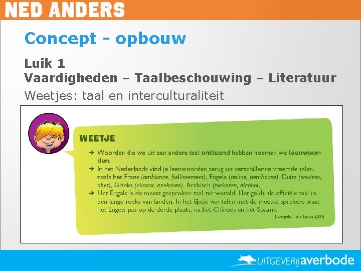 Concept - opbouw Luik 1 Vaardigheden – Taalbeschouwing – Literatuur Weetjes: taal en interculturaliteit