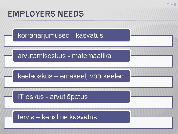 T. Mitt EMPLOYERS NEEDS korraharjumused - kasvatus arvutamisoskus - matemaatika keeleoskus – emakeel, võõrkeeled