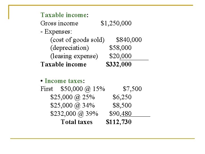 Taxable income: Gross income $1, 250, 000 - Expenses: (cost of goods sold) $840,