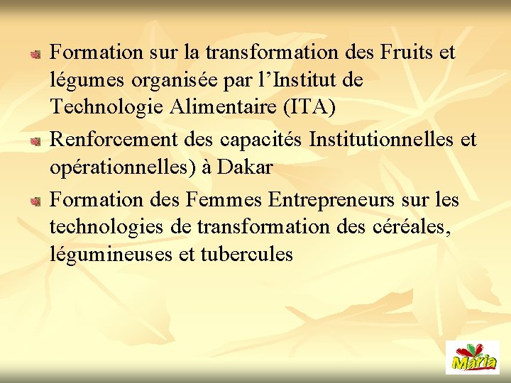 Formation sur la transformation des Fruits et légumes organisée par l’Institut de Technologie Alimentaire