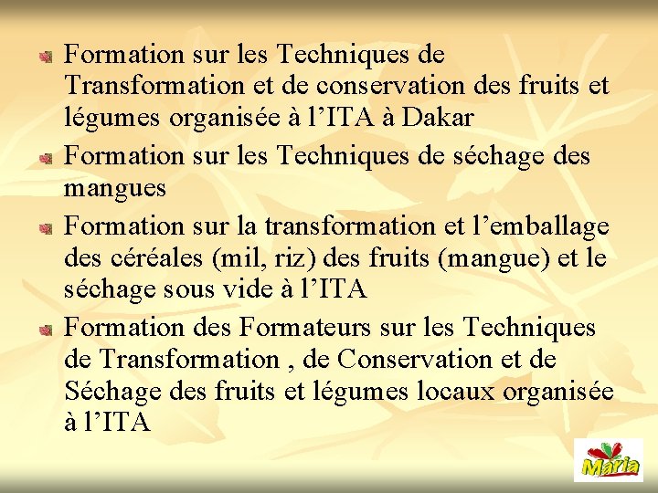 Formation sur les Techniques de Transformation et de conservation des fruits et légumes organisée