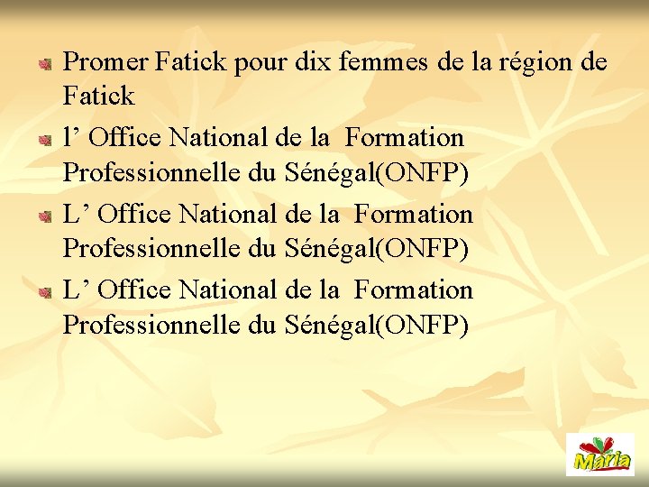 Promer Fatick pour dix femmes de la région de Fatick l’ Office National de