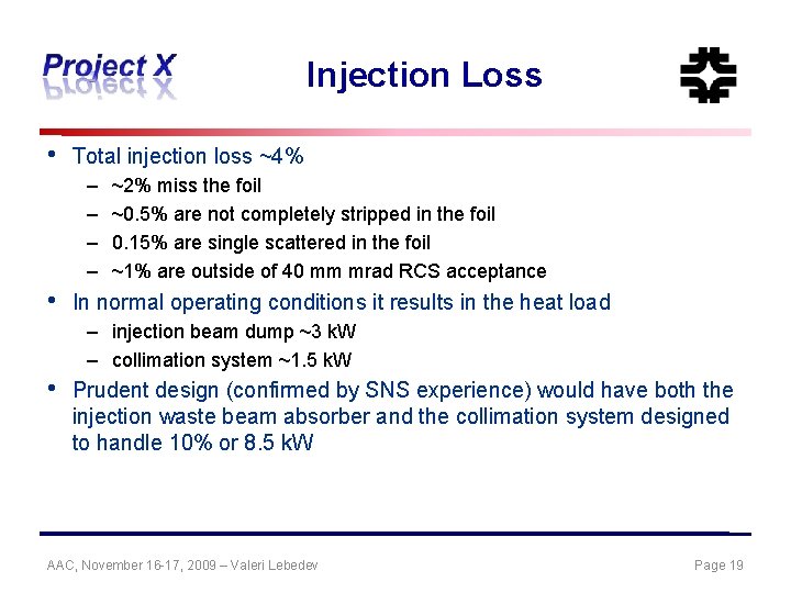 Injection Loss • Total injection loss ~4% – – • ~2% miss the foil