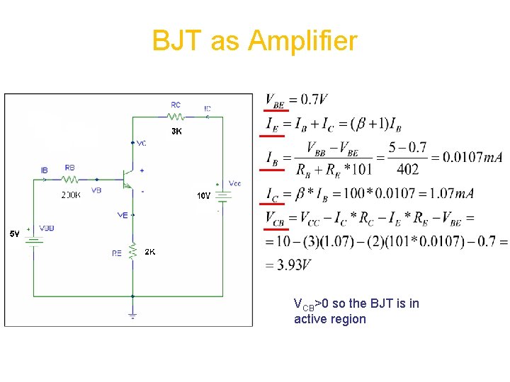 BJT as Amplifier VCB>0 so the BJT is in active region 