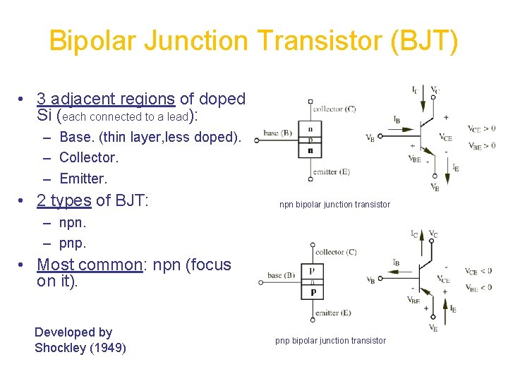 Bipolar Junction Transistor (BJT) • 3 adjacent regions of doped Si (each connected to