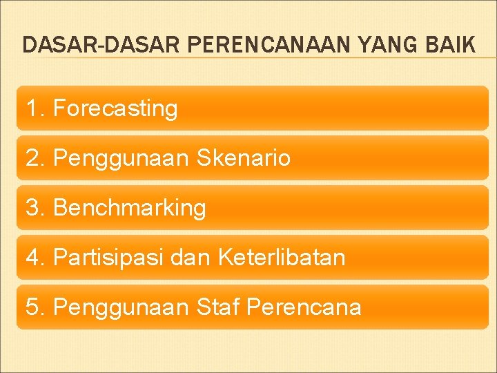 DASAR-DASAR PERENCANAAN YANG BAIK 1. Forecasting 2. Penggunaan Skenario 3. Benchmarking 4. Partisipasi dan