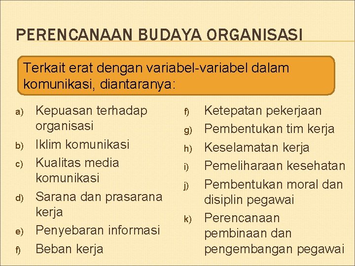 PERENCANAAN BUDAYA ORGANISASI Terkait erat dengan variabel-variabel dalam komunikasi, diantaranya: a) b) c) d)