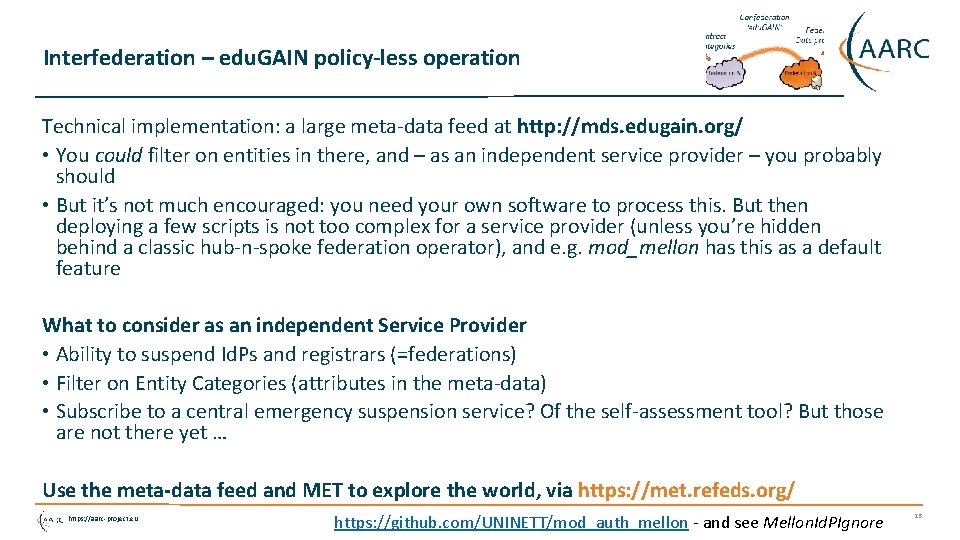 Interfederation – edu. GAIN policy-less operation Technical implementation: a large meta-data feed at http: