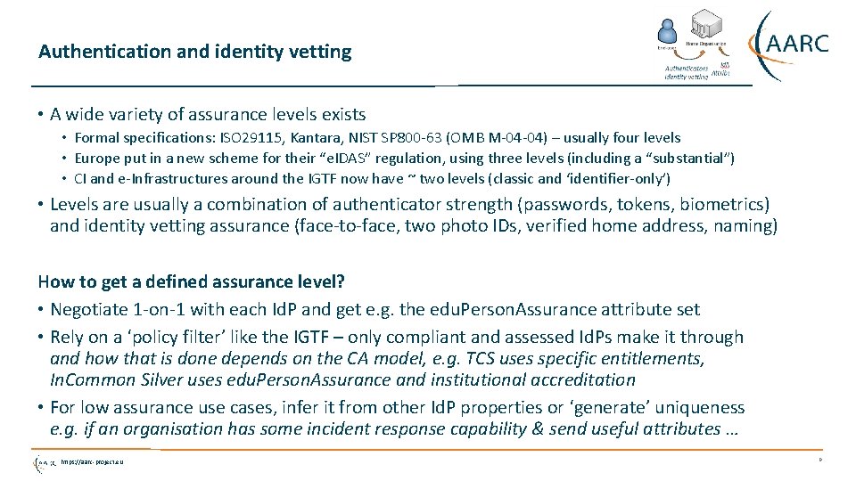 Authentication and identity vetting • A wide variety of assurance levels exists • Formal