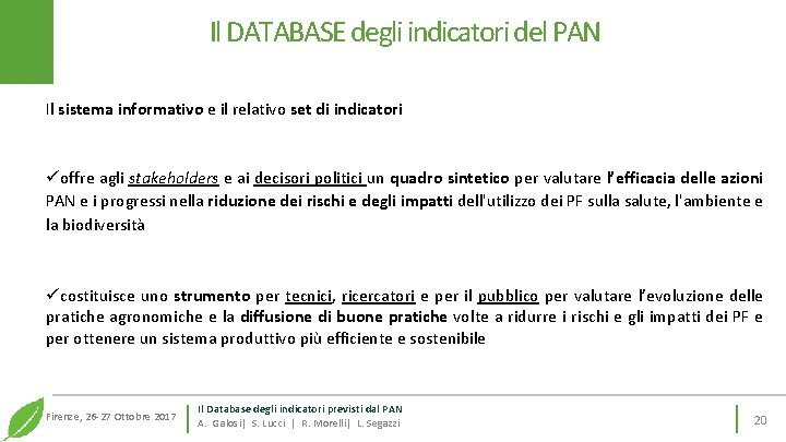 Il DATABASE degli indicatori del PAN Il sistema informativo e il relativo set di