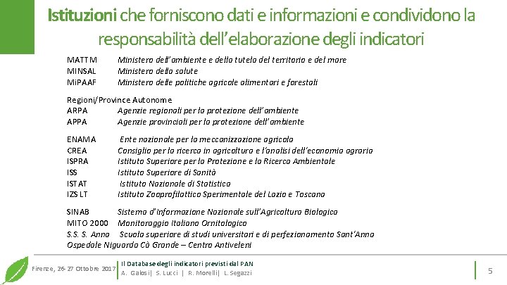 Istituzioni che forniscono dati e informazioni e condividono la responsabilità dell’elaborazione degli indicatori MATTM