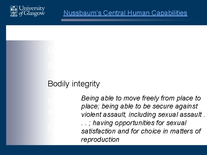 Nussbaum’s Central Human Capabilities Life Practical reason Bodily health Affiliation Bodily integrity Other species