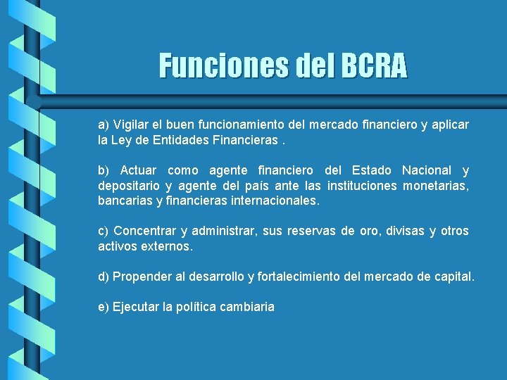 Funciones del BCRA a) Vigilar el buen funcionamiento del mercado financiero y aplicar la Funciones del BCRA a) Vigilar el buen funcionamiento del mercado financiero y aplicar la