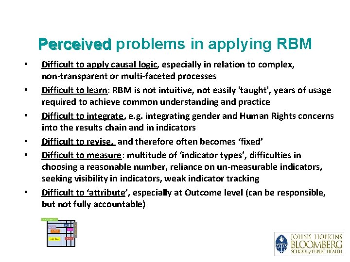 Perceived problems in applying RBM • • • Difficult to apply causal logic, especially