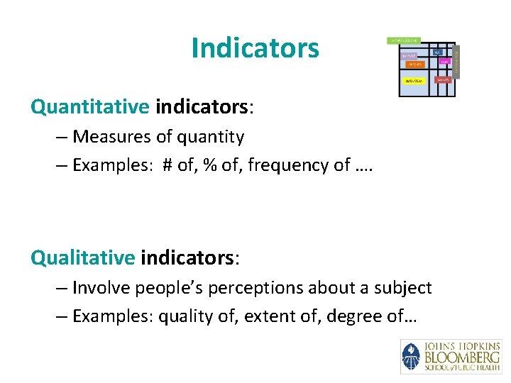 Indicators Quantitative indicators: – Measures of quantity – Examples: # of, % of, frequency