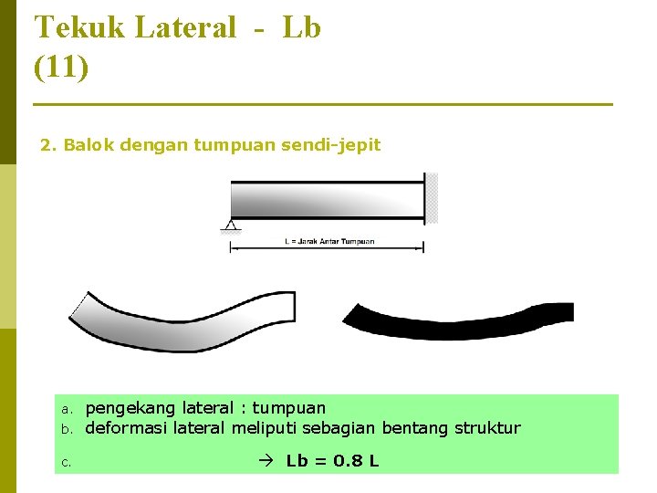 Tekuk Lateral - Lb (11) 2. Balok dengan tumpuan sendi-jepit a. b. c. pengekang