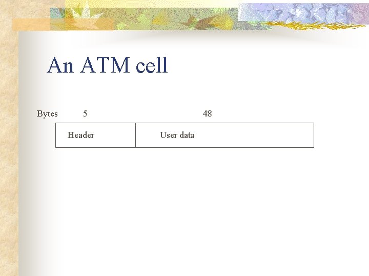 An ATM cell Bytes 5 Header 48 User data 